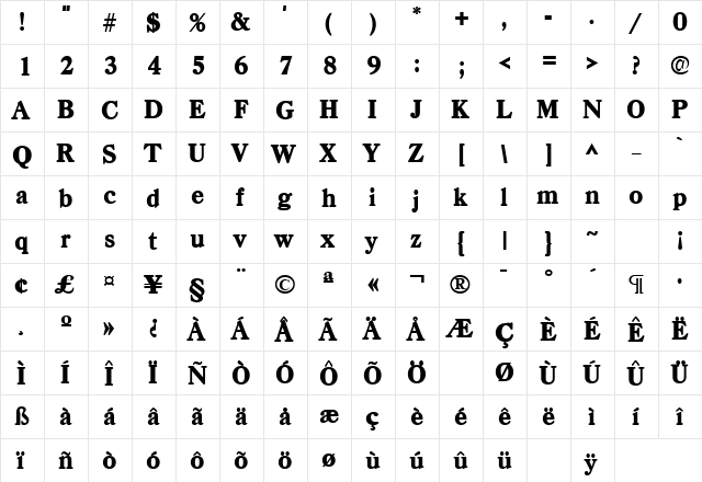 Casper Heavy SF Bold  glyph index