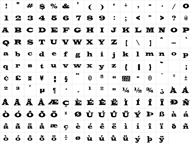 EvitaCondensed Regular  glyph index