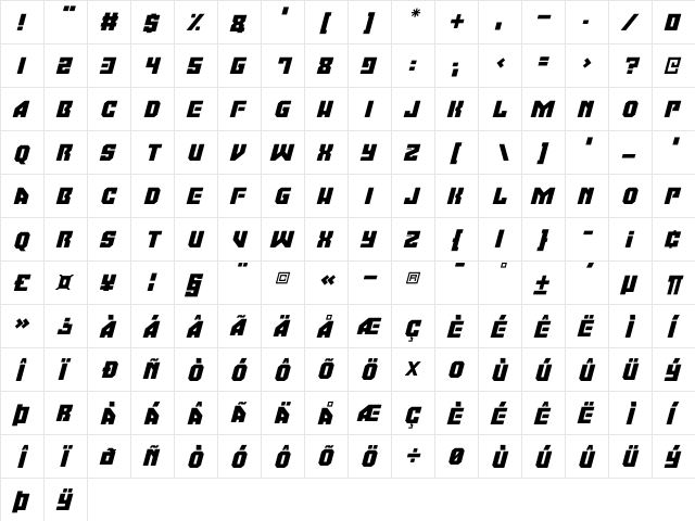 Moonbase Omega Italic  glyph index