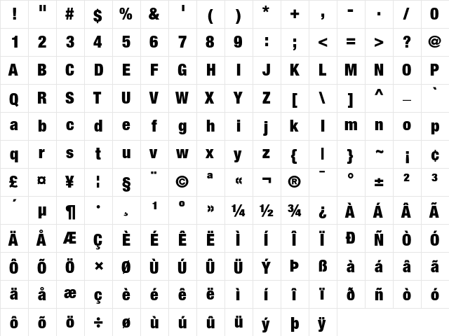 Helvetica Neue Regular  glyph index