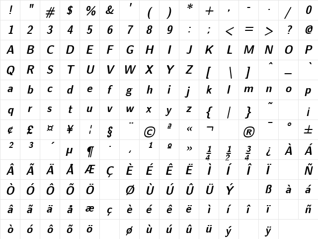 Lotto Love 2 Bold Oblique  glyph index