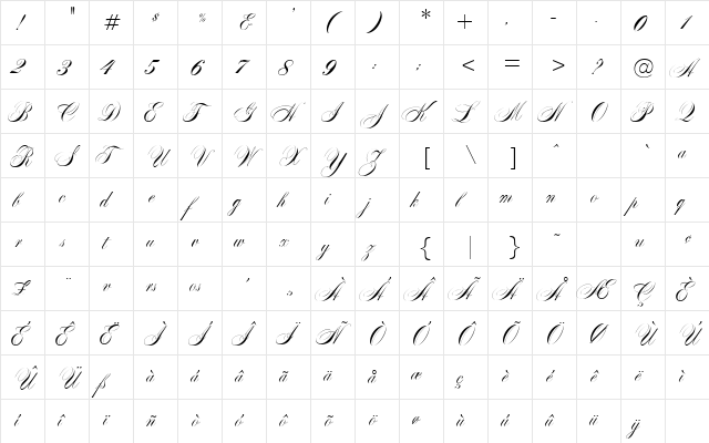Markiz de Sad script Regular  glyph index