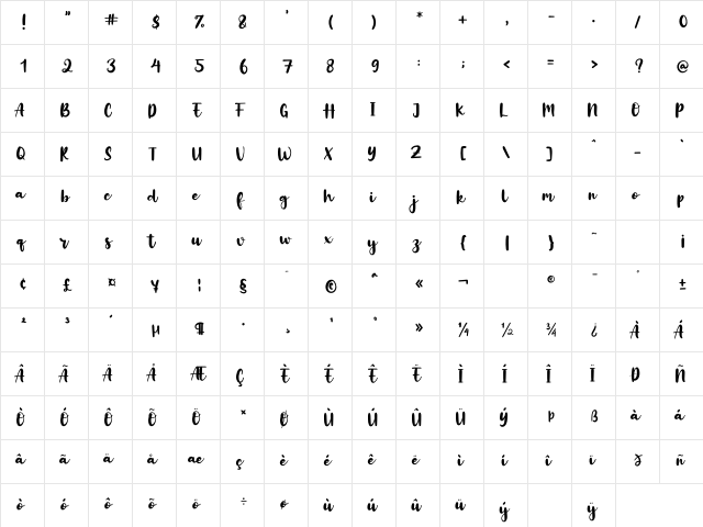 Alberteen Regular  glyph index