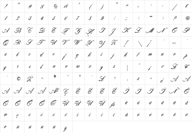 CertificateScript Regular  glyph index