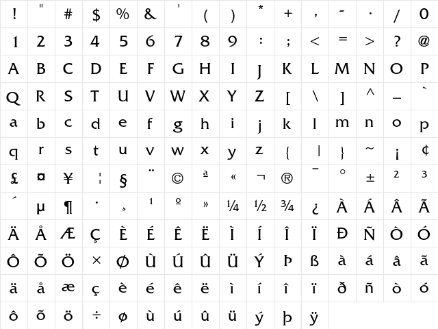 Friz Quadrata Regular  glyph index