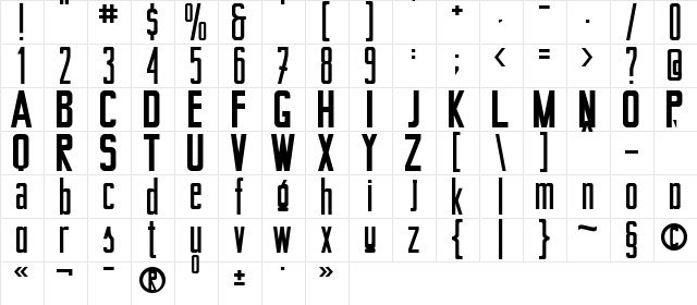 Berta_Drug Condensed DemiBold  glyph index