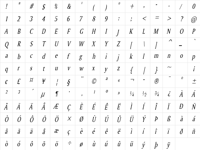 Ameretto Thin Italic  glyph index