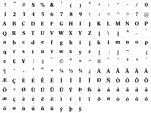 Esperanto Bold  glyph index