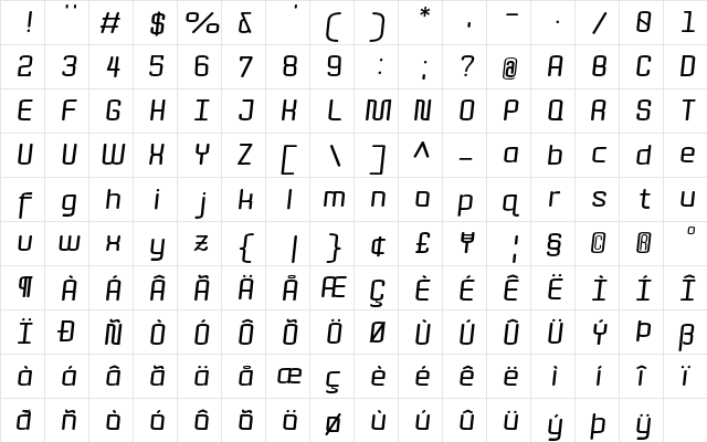 Quota Bold Italic Ext.  glyph index