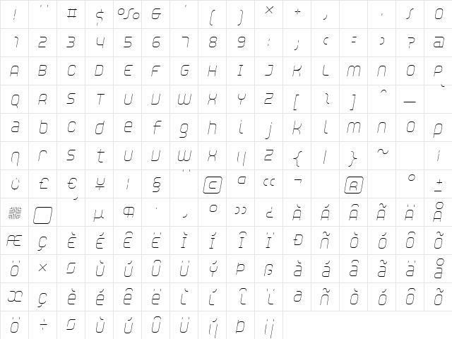 Unisect LightOblique  glyph index