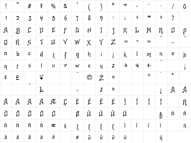 Penciling Regular  glyph index