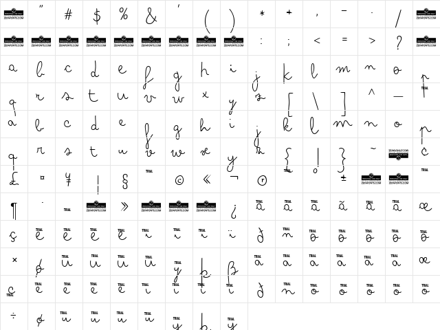 Bimbo Finetip  glyph index