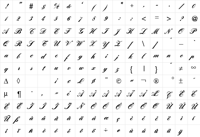 ElegantHandTwoHeavy Regular  glyph index