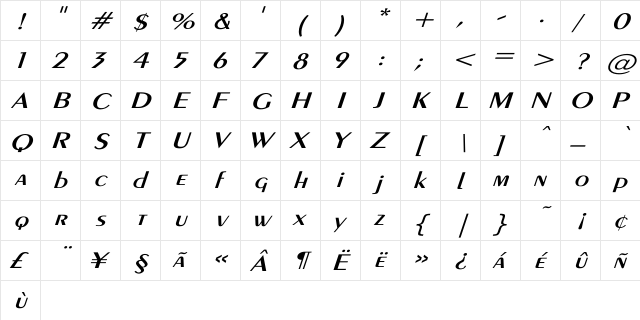Exotic-Demi Wd Itc Italic  glyph index