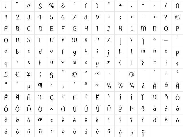 Puritas LT Bold  glyph index