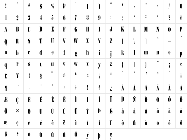 BodoniUltraFLFCond Regular  glyph index