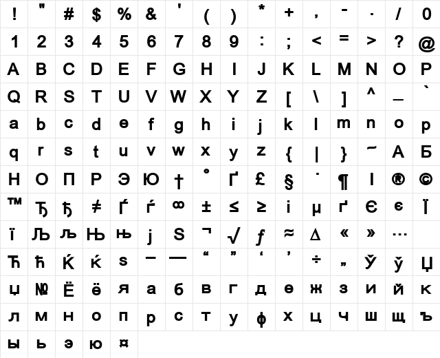 ER Univers Mac Bold  glyph index