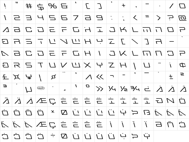 Banshee Pilot Leftalic Italic  glyph index
