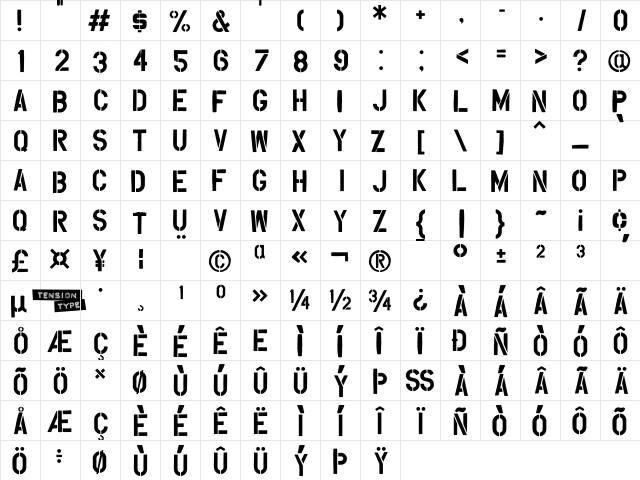 Overspray Regular  glyph index