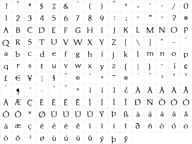 Lindum Regular  glyph index