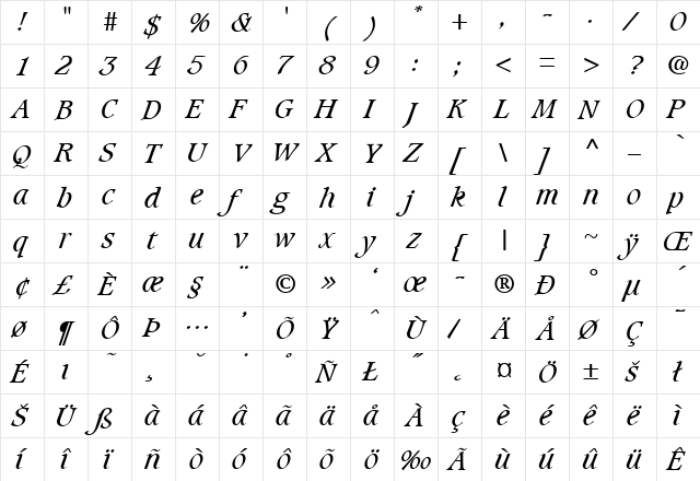Caxton-BookItalic Regular  glyph index