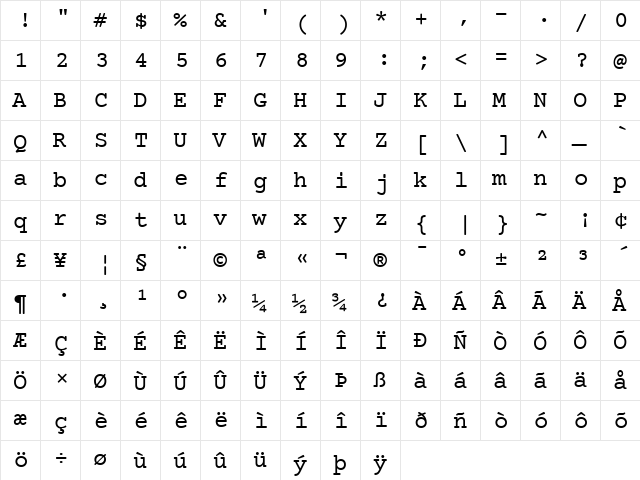 Courier Prime Regular  glyph index