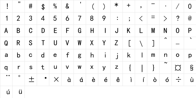 KaiTi Regular  glyph index