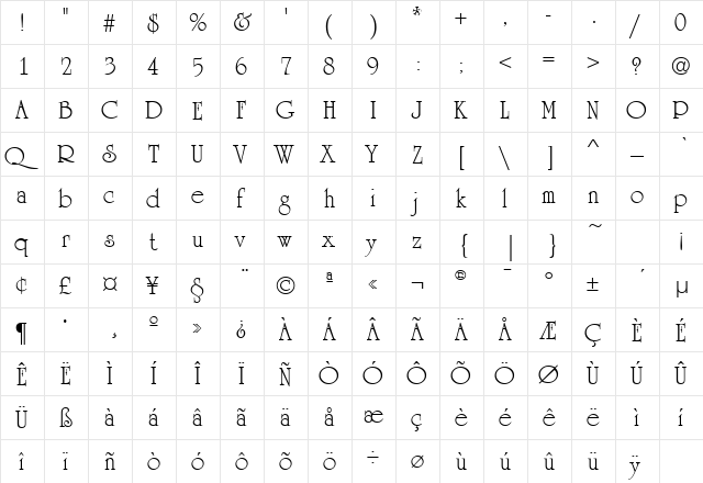 FlairRoman Regular  glyph index