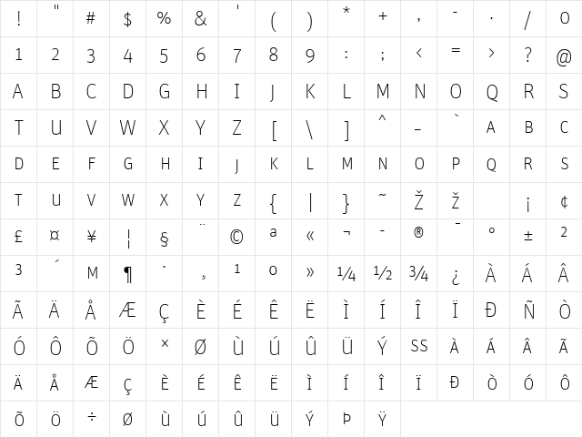 Unit-ThinSC Regular  glyph index