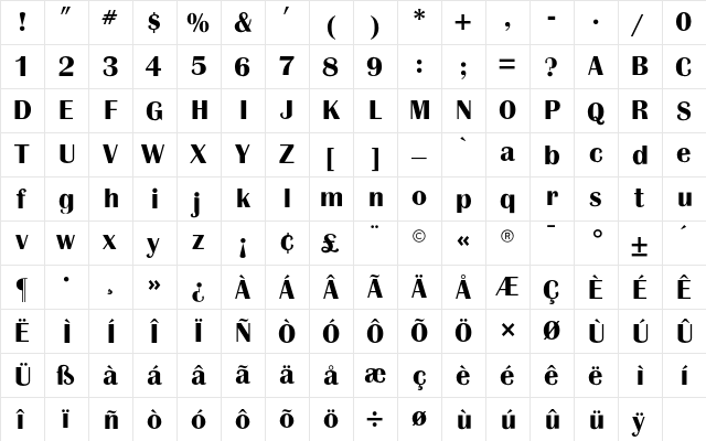 Britannia CG Bold Regular  glyph index