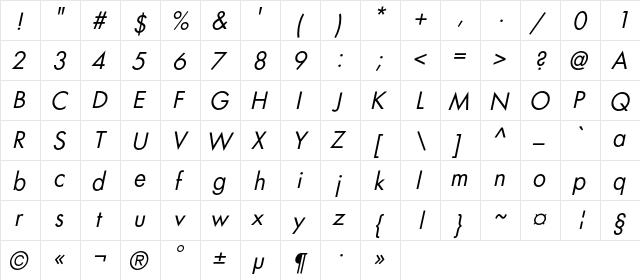 FortuneC Italic  glyph index