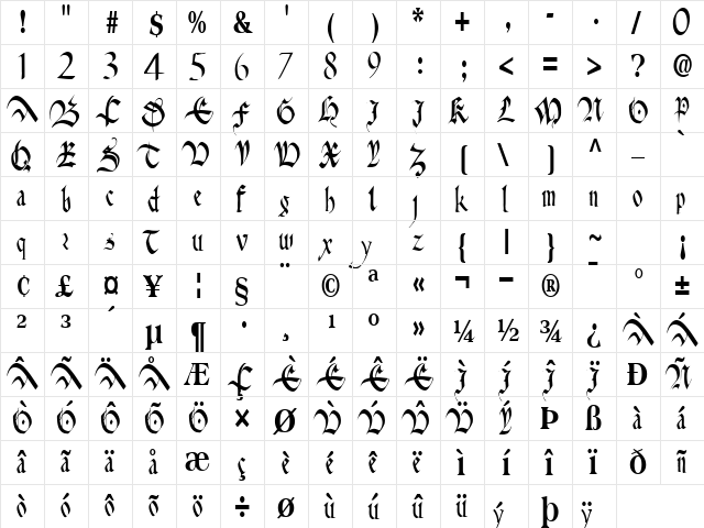 Anita Regular  glyph index