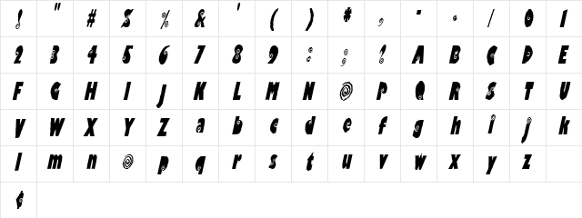 VertigoCondensed Oblique  glyph index