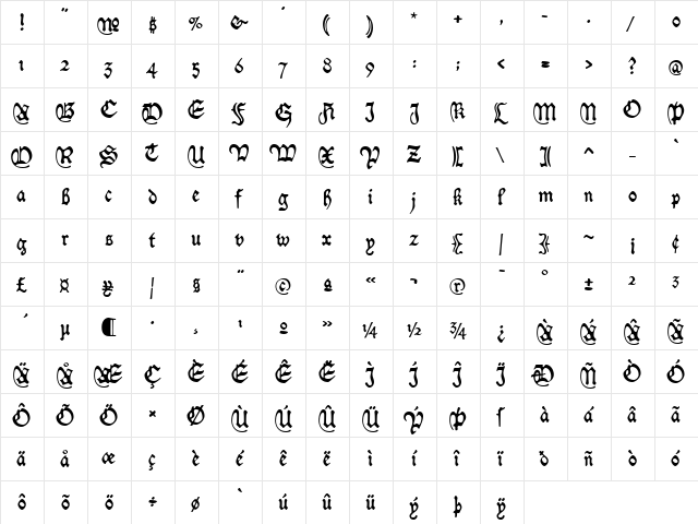 Caxton Script  glyph index
