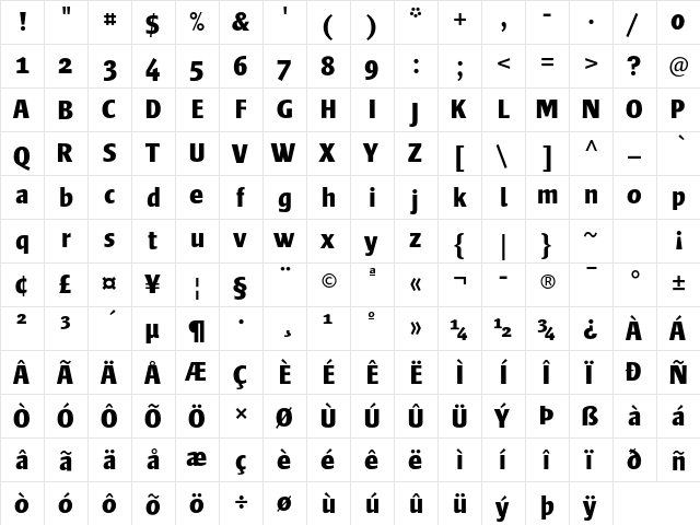 Frisans Std Bold  glyph index