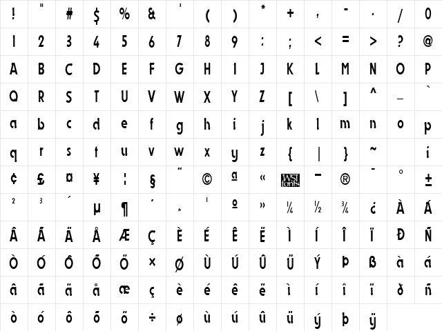 DynastyCondensed Regular  glyph index