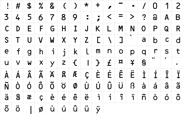 OCR B BQ Regular  glyph index