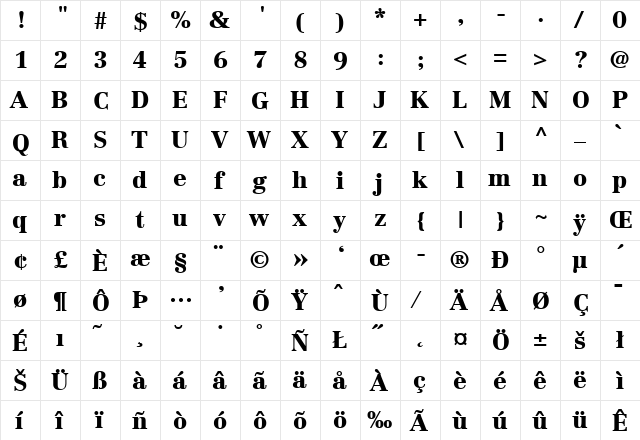 Centennial-Black Regular  glyph index