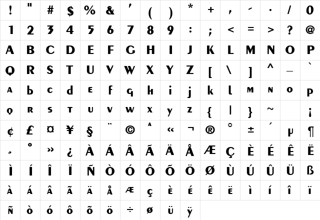 PeilotDB Bold  glyph index
