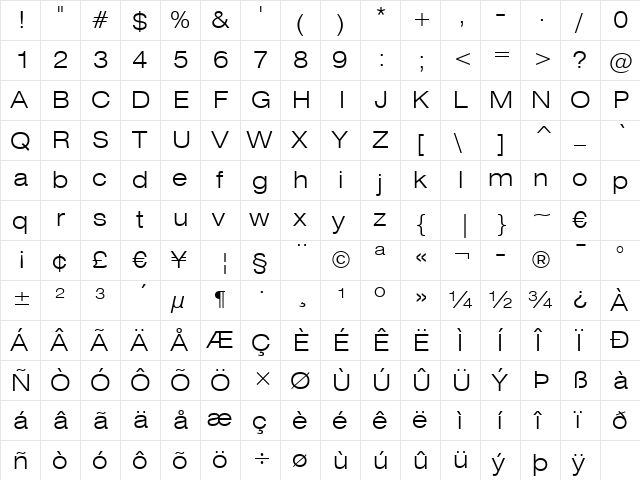 Swis721 LtEx BT Light  glyph index