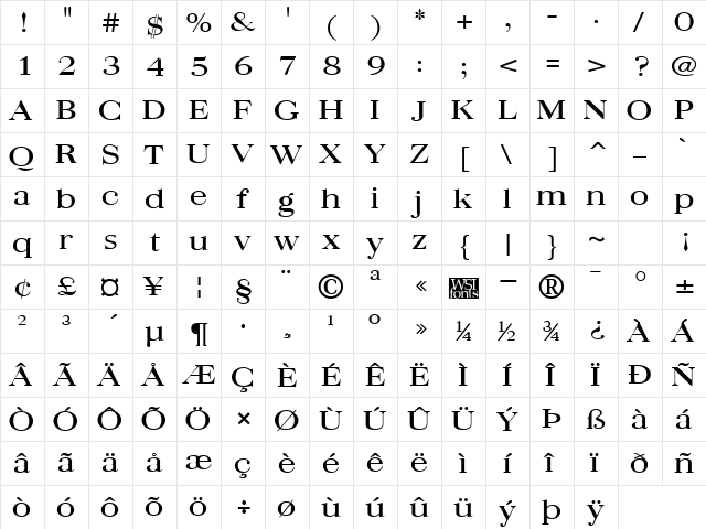 QuantasBroad Regular  glyph index