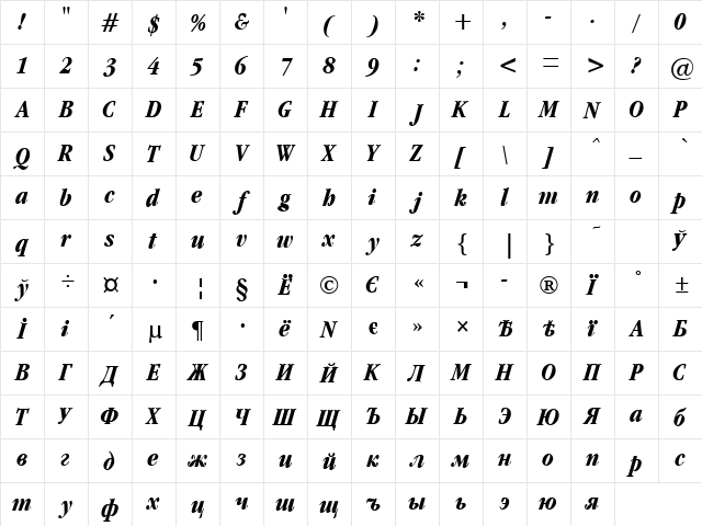 Garamondcond Bold Italic  glyph index