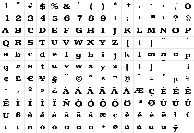 PenthouseSerial-Xbold Regular  glyph index