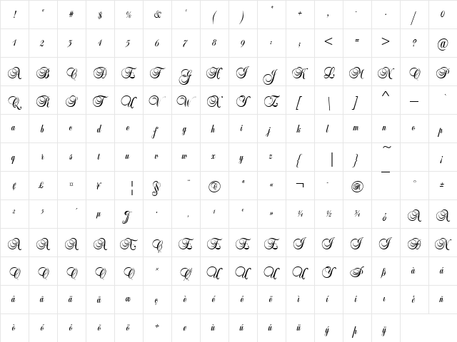 Balmoral D Regular  glyph index