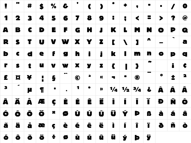 BlockTHea Regular  glyph index