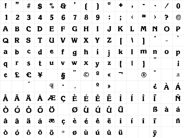 KorinthAntique-Xbold Regular  glyph index