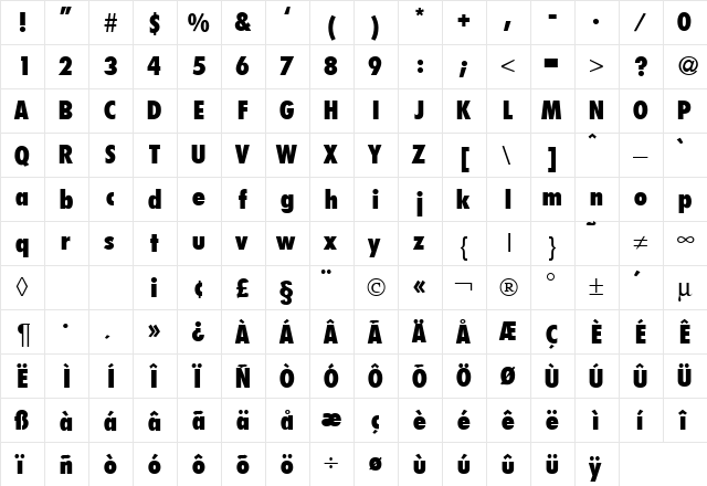 FunctionCondTwoExtrabold Regular  glyph index