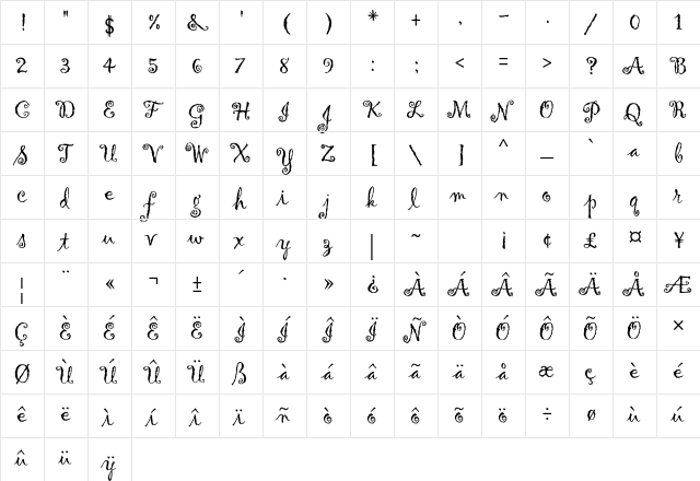 Gigi Std Regular  glyph index