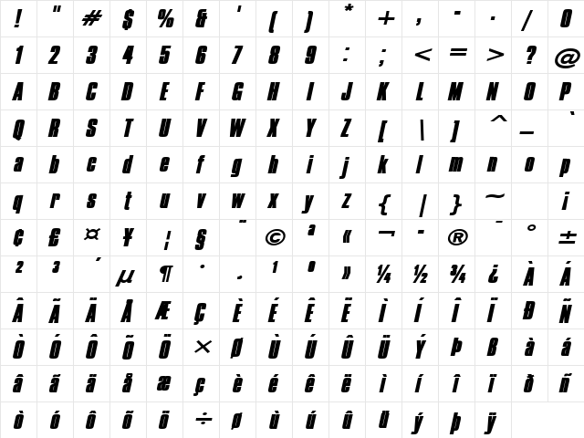 Commador Wide Heavy Italic  glyph index