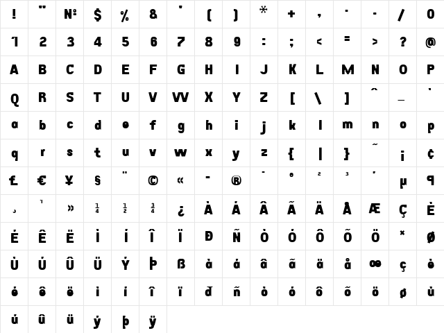 Eunuverse Bold  glyph index